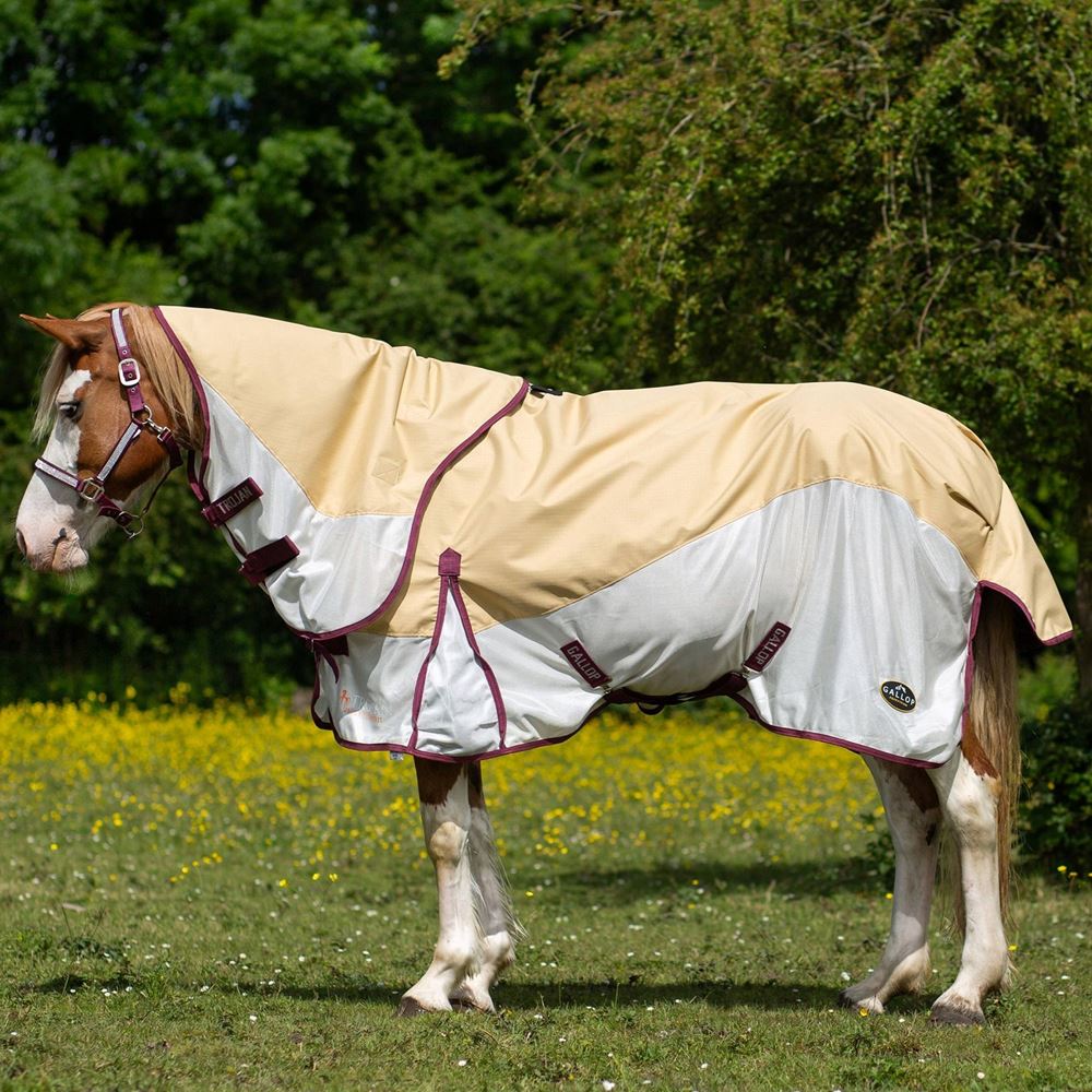 Gallop Dual 5-Point Hybrid Turnout Fly Rug (Beige/White with Burgundy binding)
