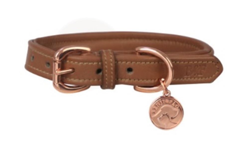 Benji & Flo Deluxe Padded Leather Dog Collar (Tan/Rose Gold)