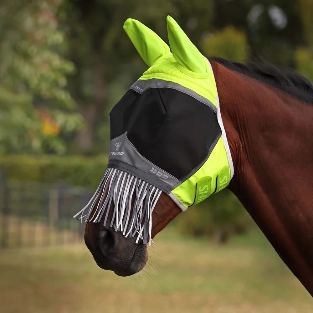 Shires FlyGuard Pro Hi-Viz Fine Mesh Fly Mask with Ears & Nose Fringe (Yellow)