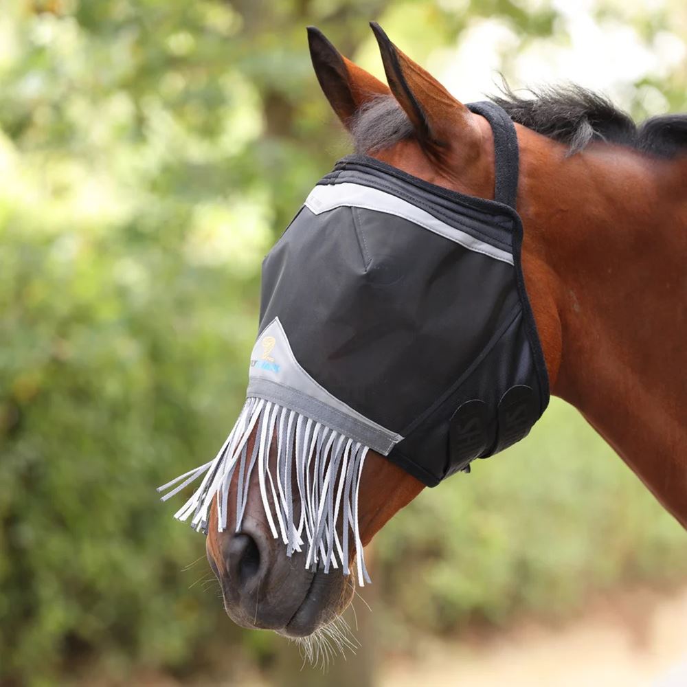 Shires FlyGuard Pro Fine Mesh Earless Fly Mask with Nose Fringe (Jet)