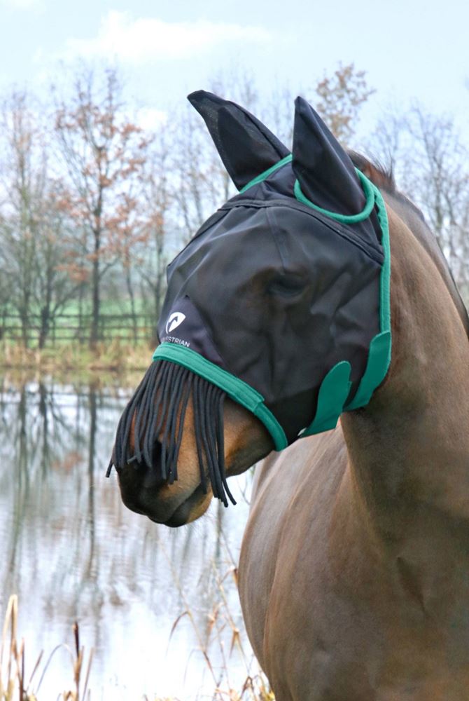 Hy Equestrian Mesh Half Mask with Ears and Fringe (Black/Teal)