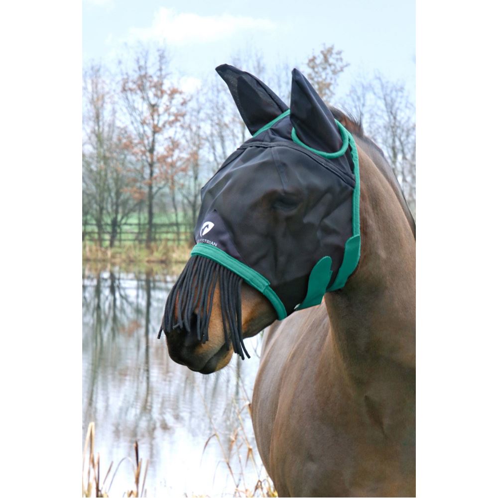 Hy Equestrian Mesh Half Mask with Ears and Fringe (Black/Teal)