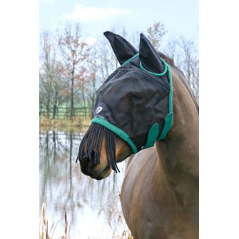 Hy Equestrian Mesh Half Mask with Ears and Fringe (Black/Teal)