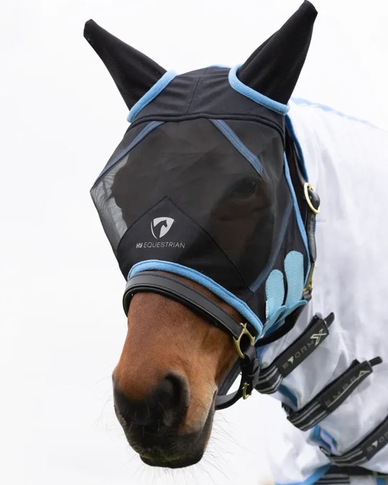 Hy Equestrian Mesh Half Mask with Ears (Black/Light Blue)