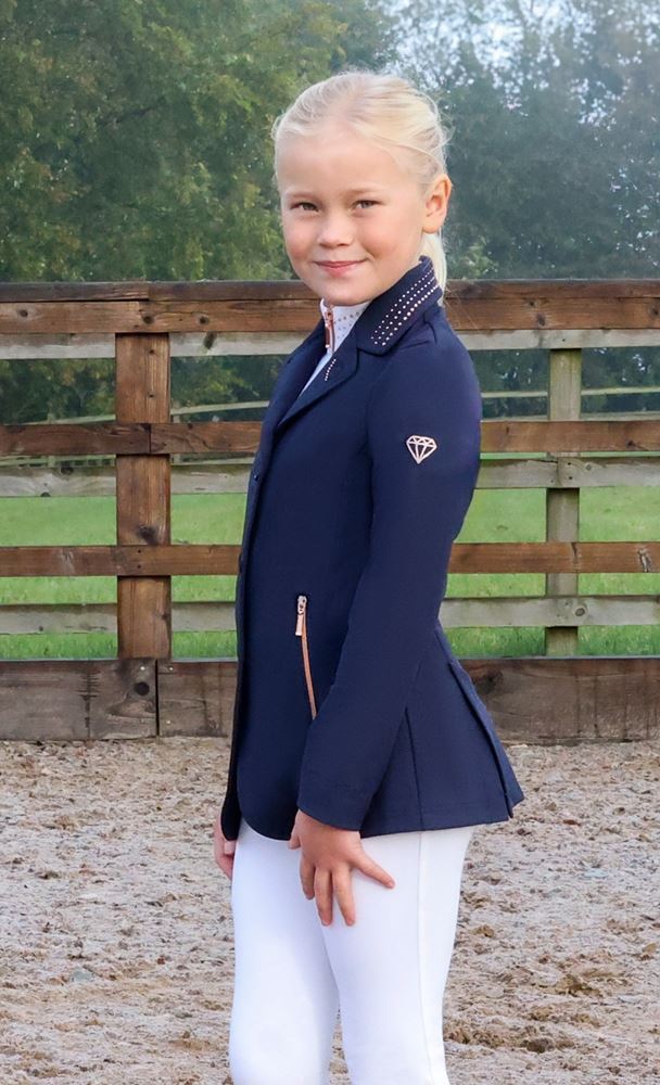 Hy Equestrian Roka Royal Childrens Show Jacket (Navy with Rose Gold Diamantes)