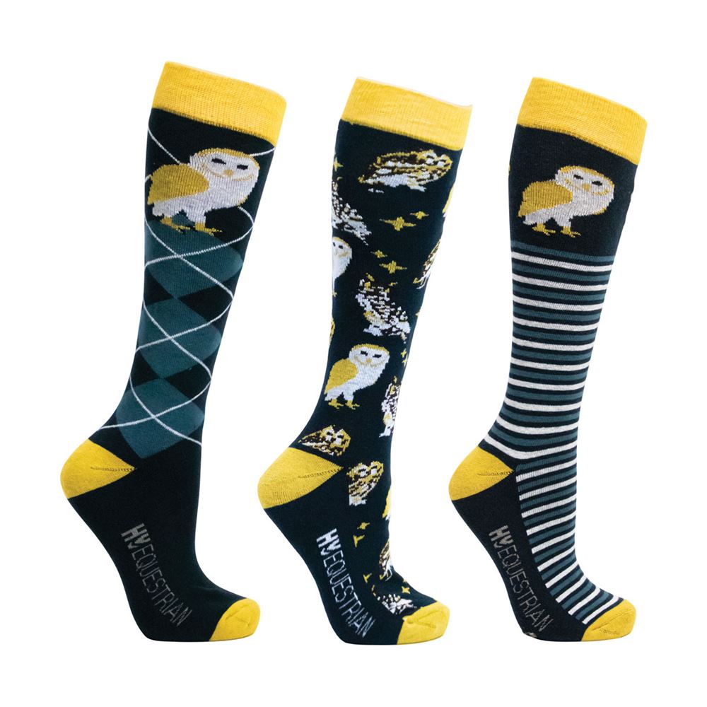 Hy Equestrian Night Owl Socks - Pack of 3 (Navy/Yellow)