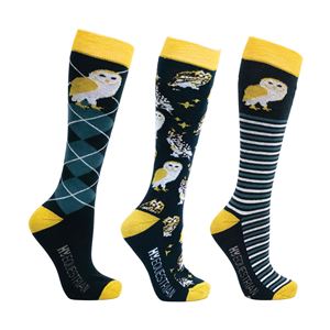 Hy Equestrian Night Owl Socks - Pack of 3 (Navy/Yellow)