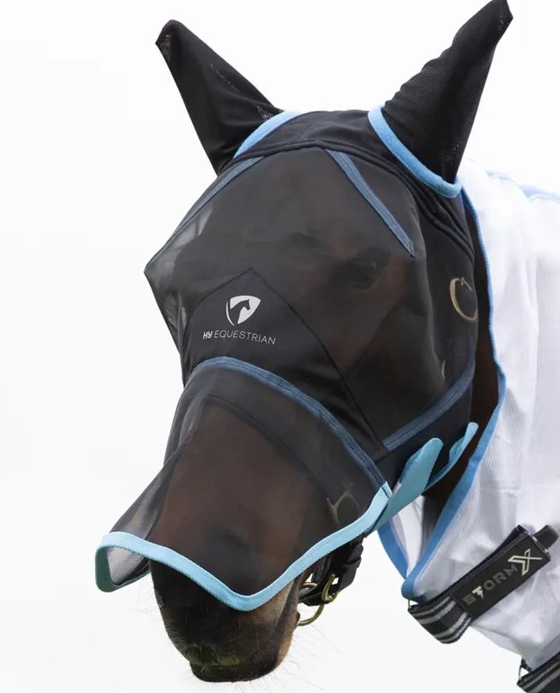 Hy Equestrian Mesh Full Mask with Ears and Nose (Black/Light Blue)
