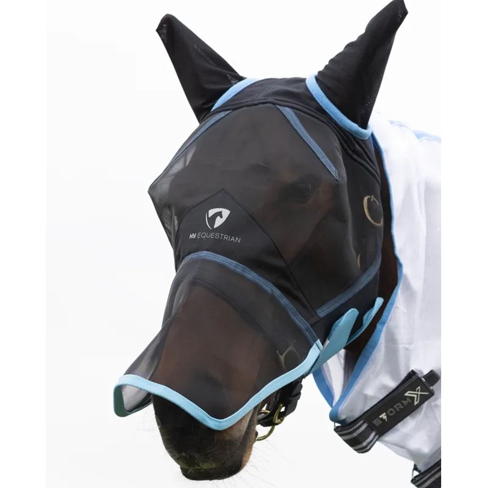 Hy Equestrian Mesh Full Mask with Ears and Nose (Black/Light Blue)