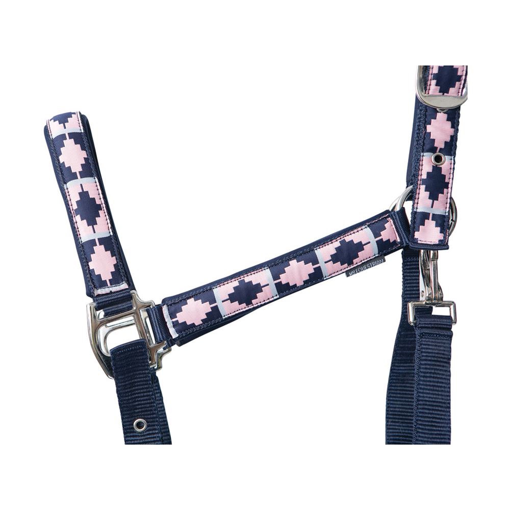 Hy Equestrian Woven Polo Head Collar and Lead Rope (Navy/Rose)