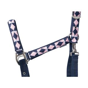 Hy Equestrian Woven Polo Head Collar and Lead Rope (Navy/Rose)