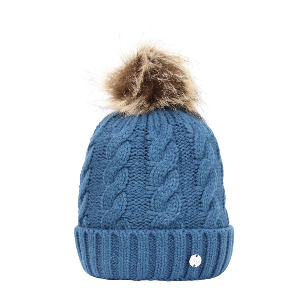 Hy Equestrian Melrose Cable Knit Bobble Hat (Petrol Blue)