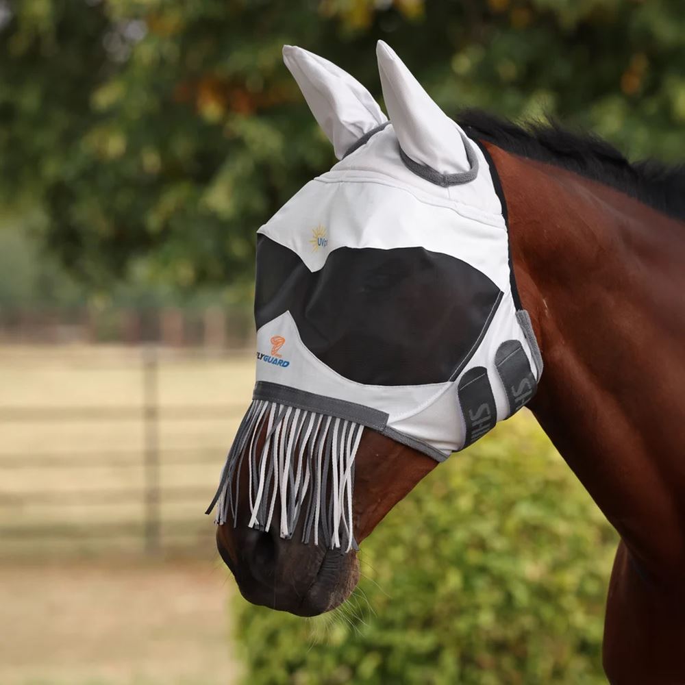 Shires FlyGuard Pro Sun Shade Fly Mask with Ears & Nose Fringe (White)