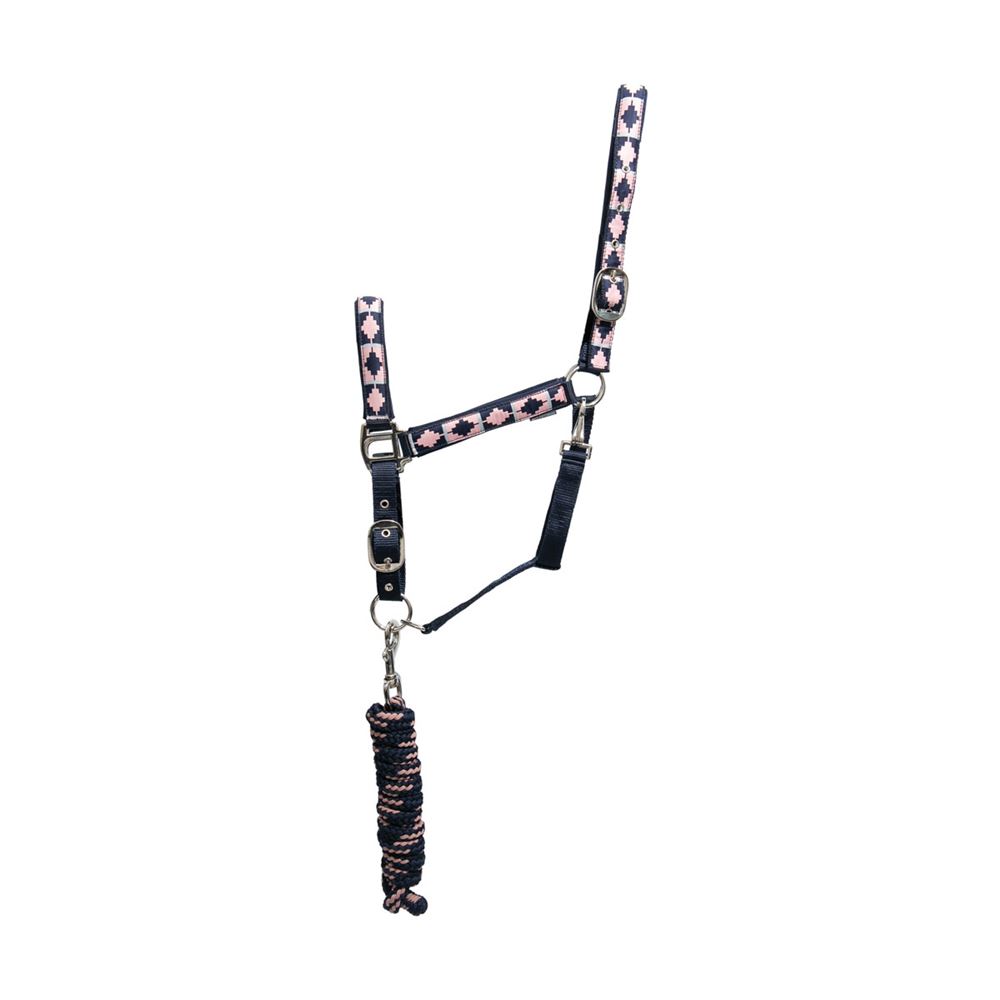 Hy Equestrian Woven Polo Head Collar and Lead Rope (Navy/Rose)