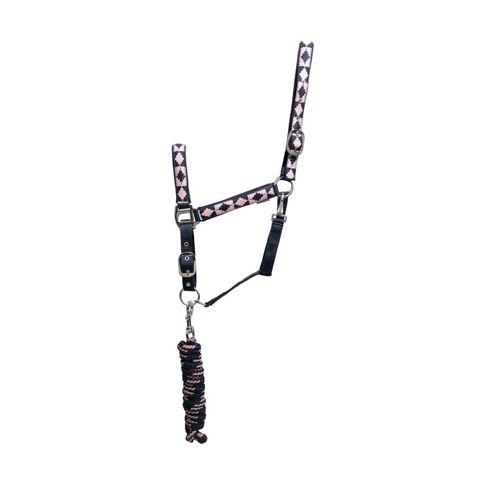 Hy Equestrian Woven Polo Head Collar and Lead Rope (Navy/Rose)