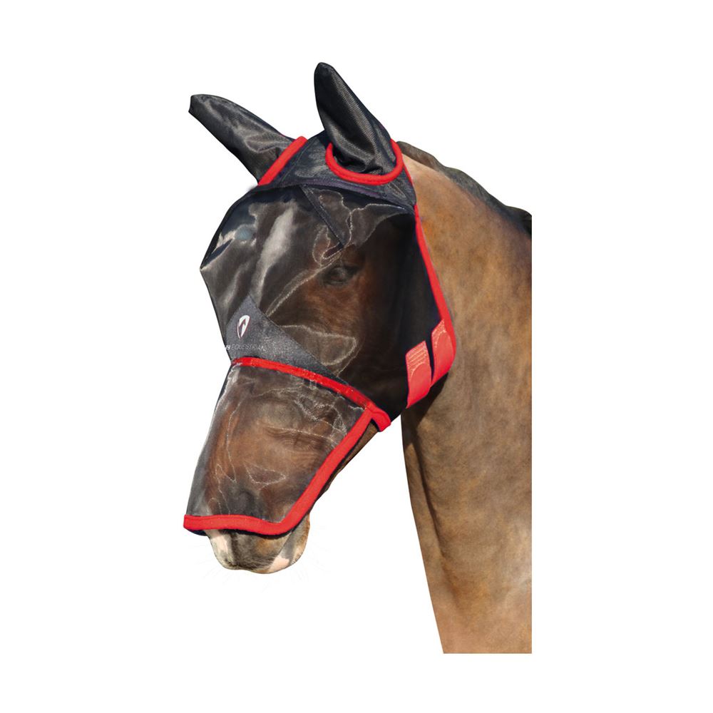 Hy Equestrian Mesh Full Mask with Ears and Nose (Black/Red)