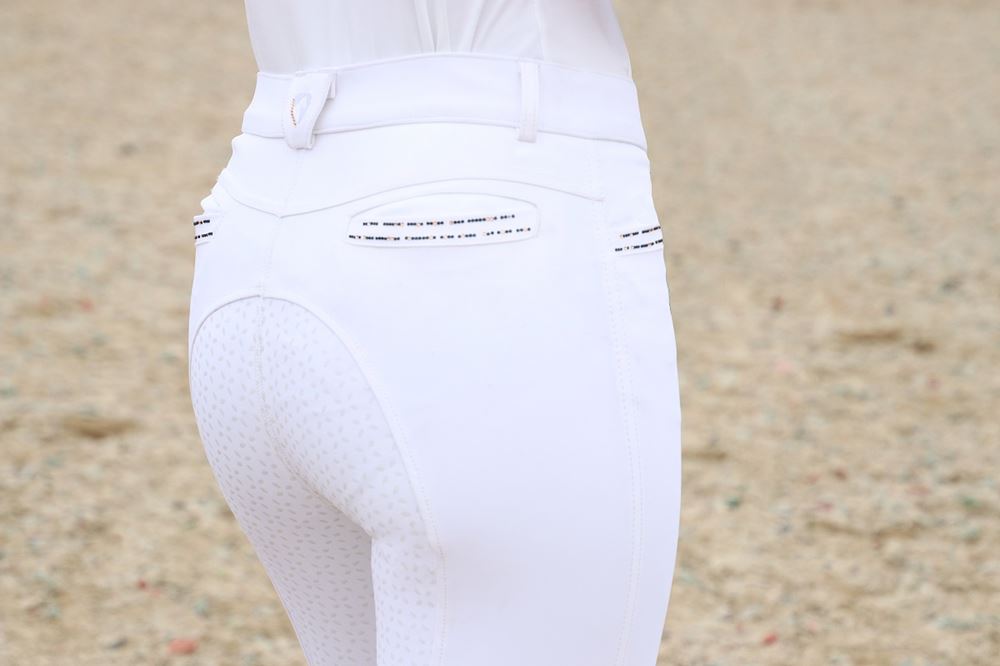 Hy Equestrian Roka Rose Breeches (White with Navy/Rose Gold Diamantes)