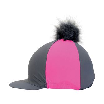 Hy Equestrian Hat Cover with Faux Fur Pom Pom (Grey/Pink)