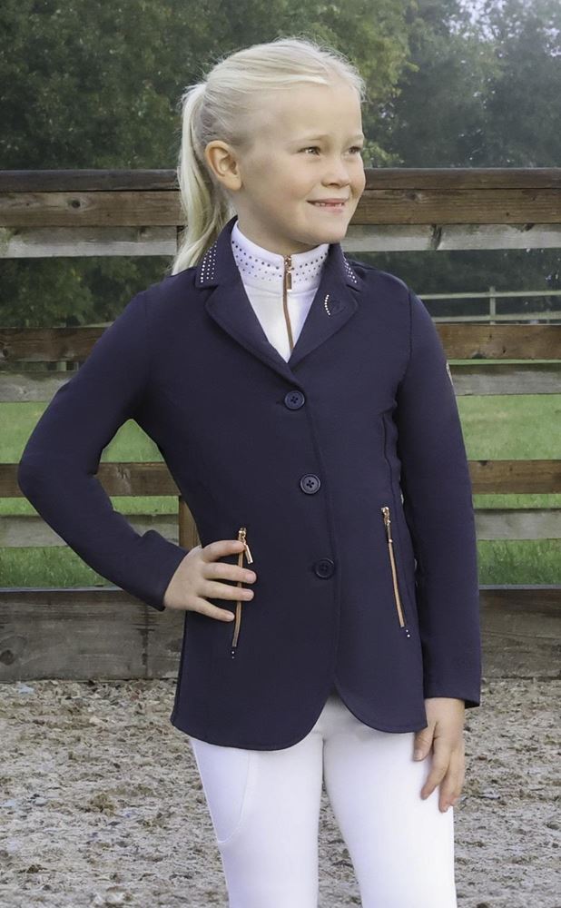 Hy Equestrian Roka Royal Childrens Show Jacket (Navy with Rose Gold Diamantes)