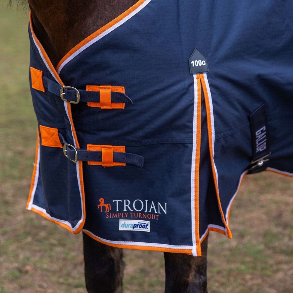 Gallop Trojan DURAPROOF 100g 5-Point Standard Neck Turnout Rug (Navy/Orange/White)