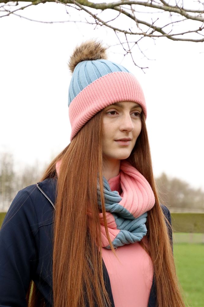 Hy Equestrian Synergy Luxury Bobble Hat and Snood Bundle (Aqua/Rose)