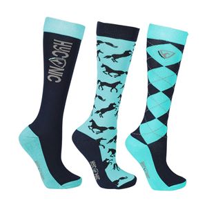 HYCONIC Adults Pattern Socks by Hy Equestrian - Pack of 3 (Navy/Teal)