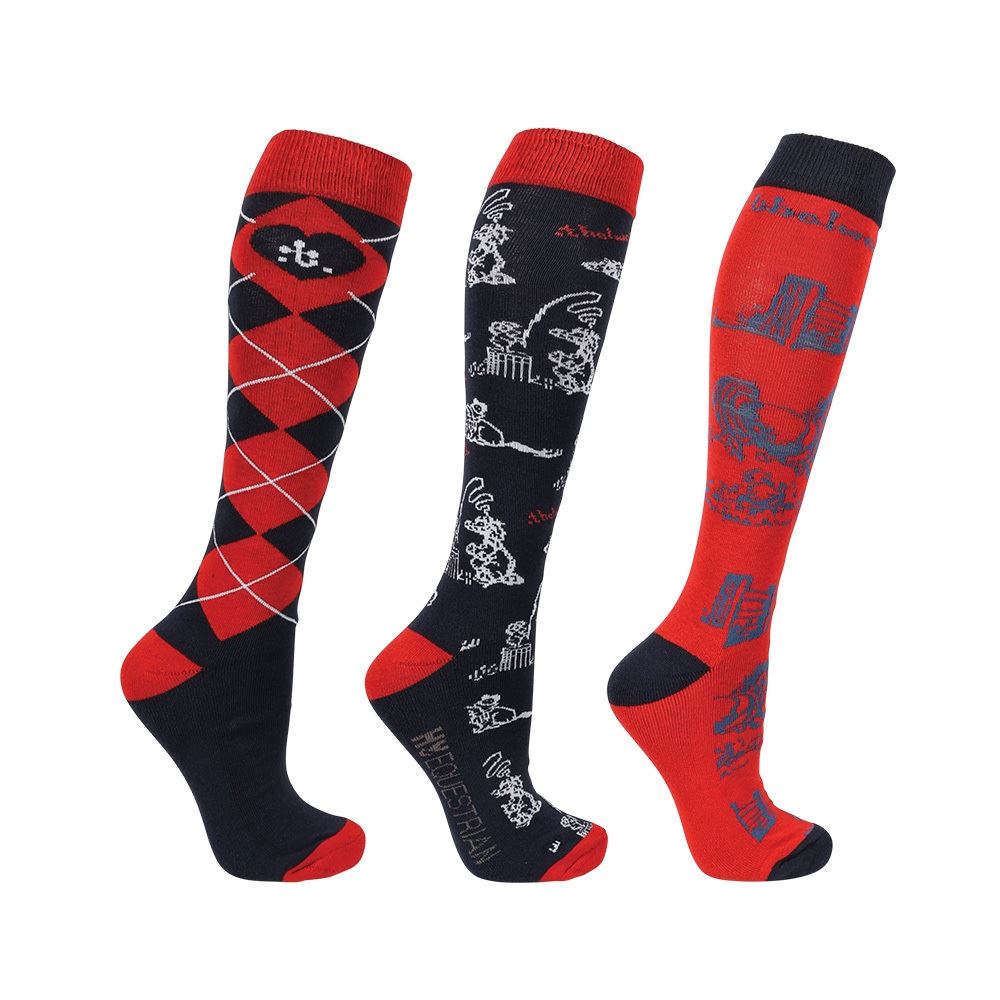 Hy Equestrian Thelwell Collection Practice Makes Perfect Adults Socks - Pack of 3 (Red/Navy)