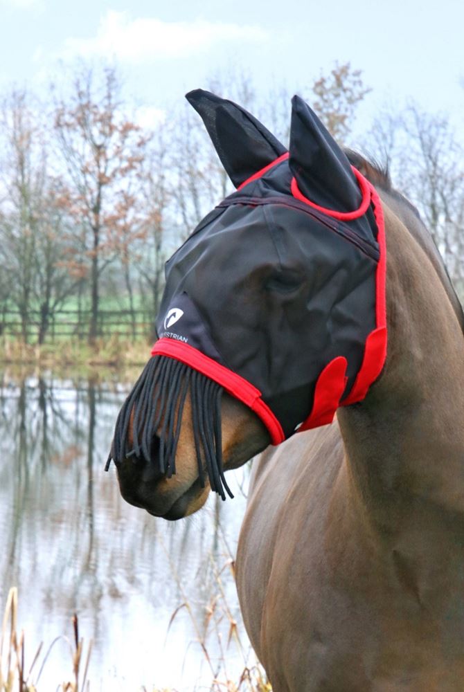 Hy Equestrian Mesh Half Mask with Ears and Fringe (Black/Red)