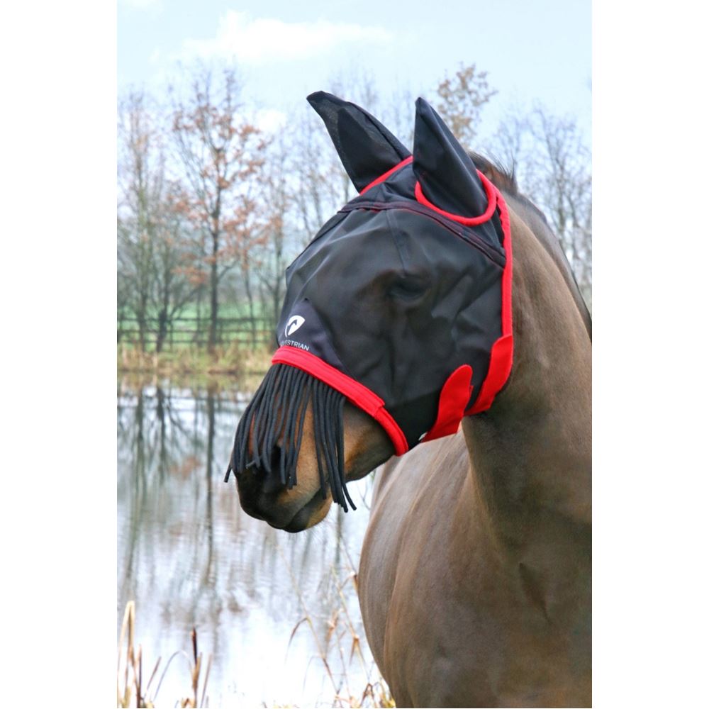 Hy Equestrian Mesh Half Mask with Ears and Fringe (Black/Red)
