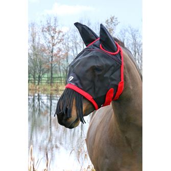 Hy Equestrian Mesh Half Mask with Ears and Fringe (Black/Red)