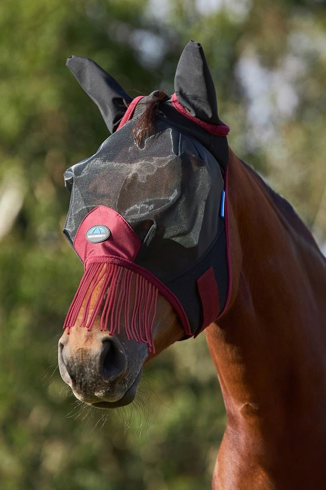 Weatherbeeta Comfitec Fine Mesh Fly Mask with Ears & Tassels (Black/Burgundy)
