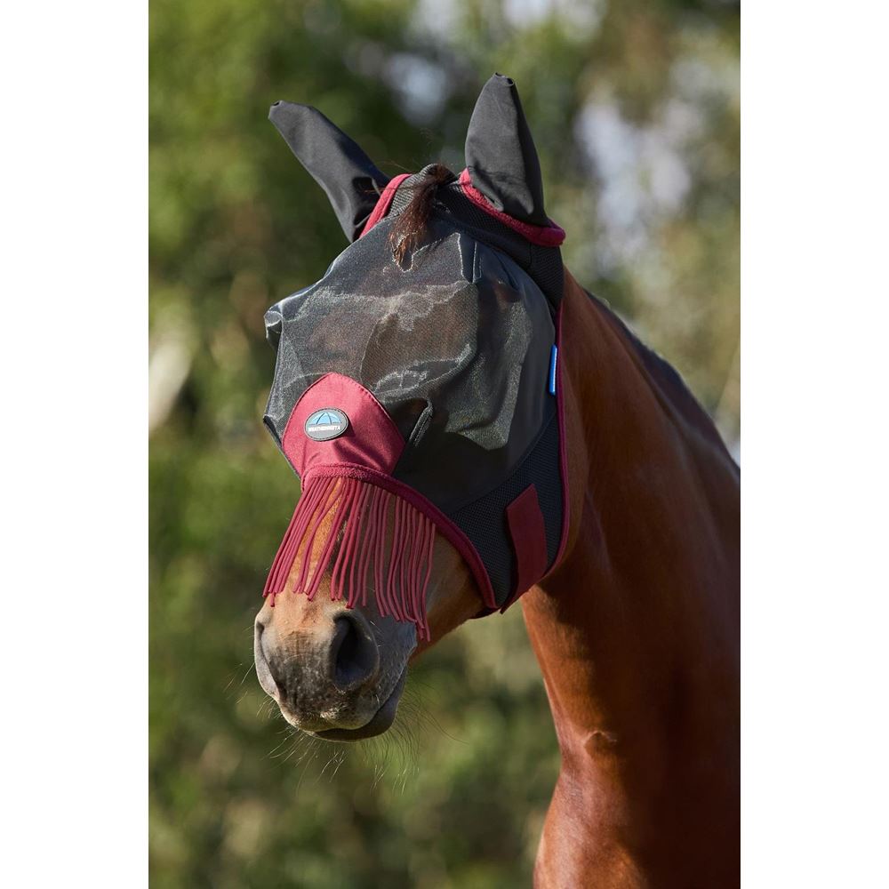 Weatherbeeta Comfitec Fine Mesh Fly Mask with Ears & Tassels (Black/Burgundy)