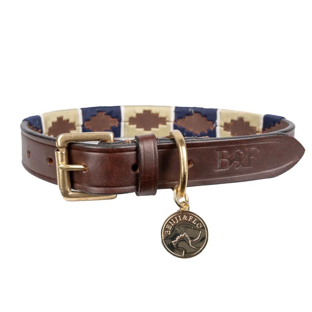 Benji & Flo Sublime Polo Leather Dog Collar (Navy/Fossil)