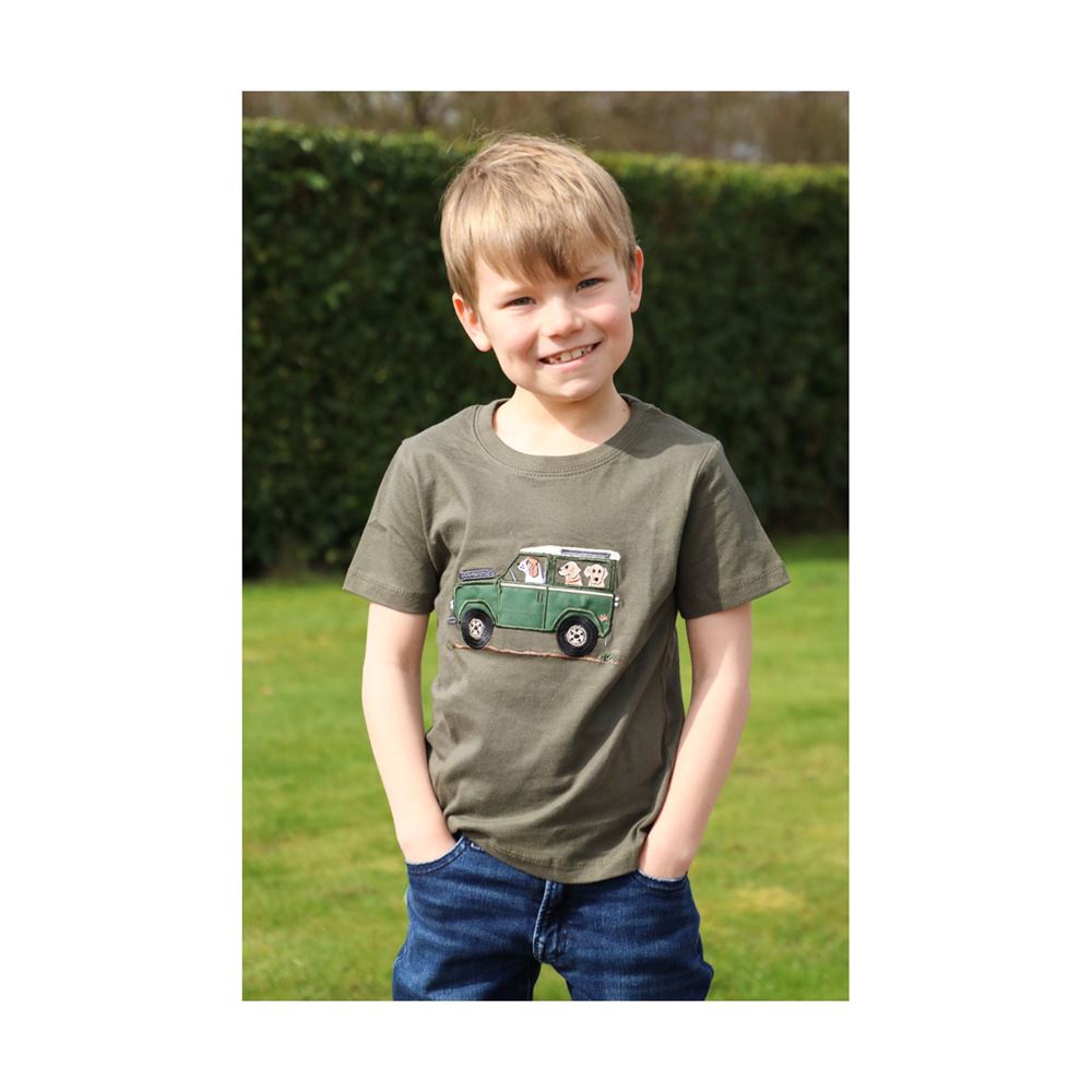 British Country Collection Offroader & Dogs T-Shirt - Child (Olive)