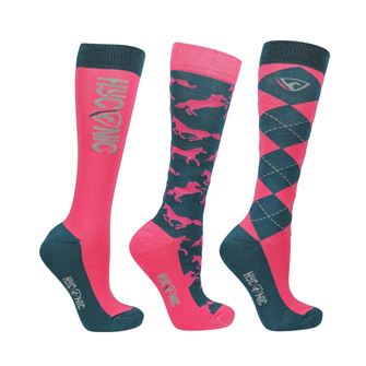 HyCONIC by Hy Equestrian Adults Pattern Socks - Pack of 3 (Blue/Coral)