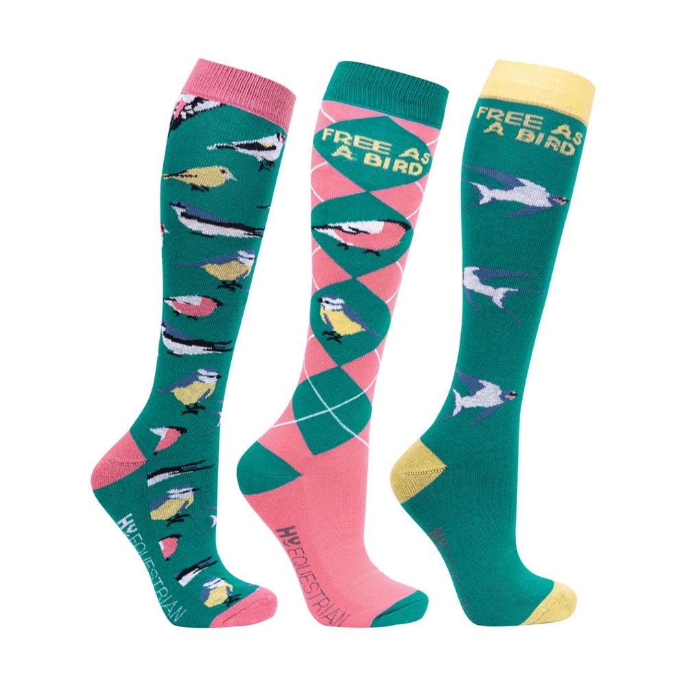 Hy Equestrian Free As A Bird Socks - Pack of 3 (Fern/Pink)